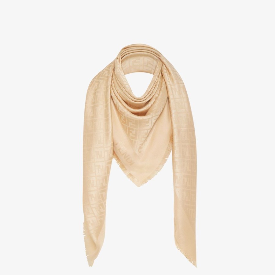 Donna Fendi Sciarpe E Poncho | Scialle In Seta Organica E Lana Beige