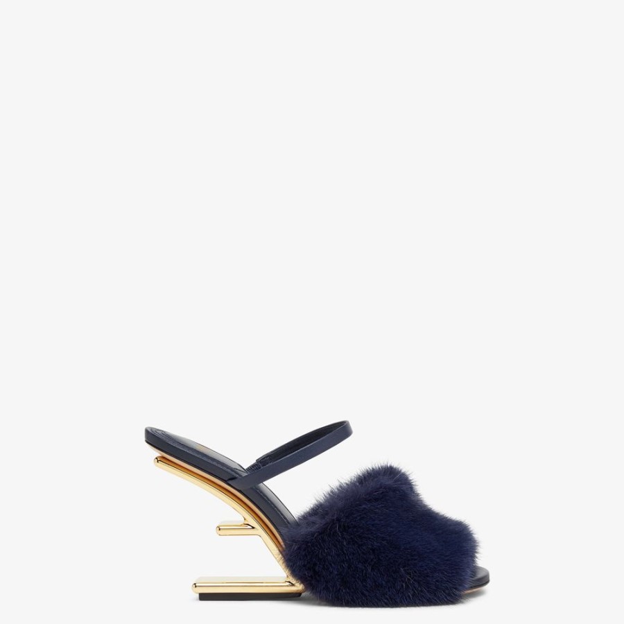 Donna Fendi Slides E Sandali | Sandalo Tacco Alto In Visone Blu