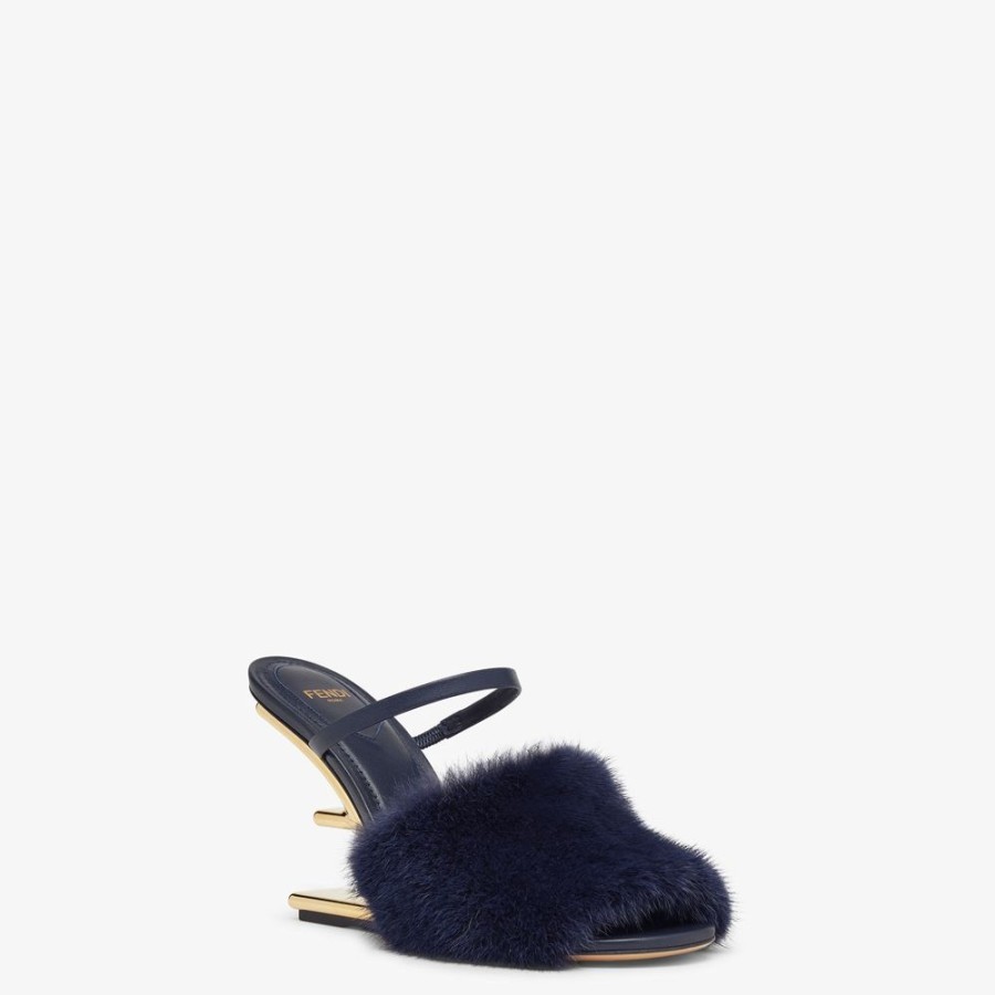 Donna Fendi Slides E Sandali | Sandalo Tacco Alto In Visone Blu