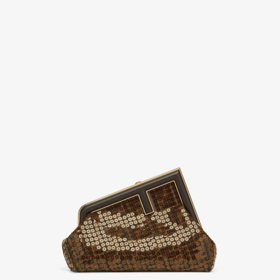 Donna Fendi Clutch E Pochette | Borsa In Tessuto Ff Jacquard Marrone Con Paillette