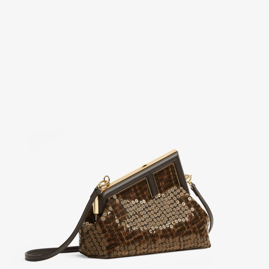 Donna Fendi Clutch E Pochette | Borsa In Tessuto Ff Jacquard Marrone Con Paillette