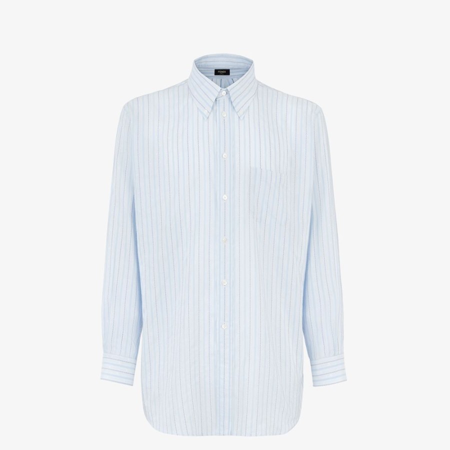 Uomo Fendi Camicie | Camicia In Seta E Cotone Azzurro