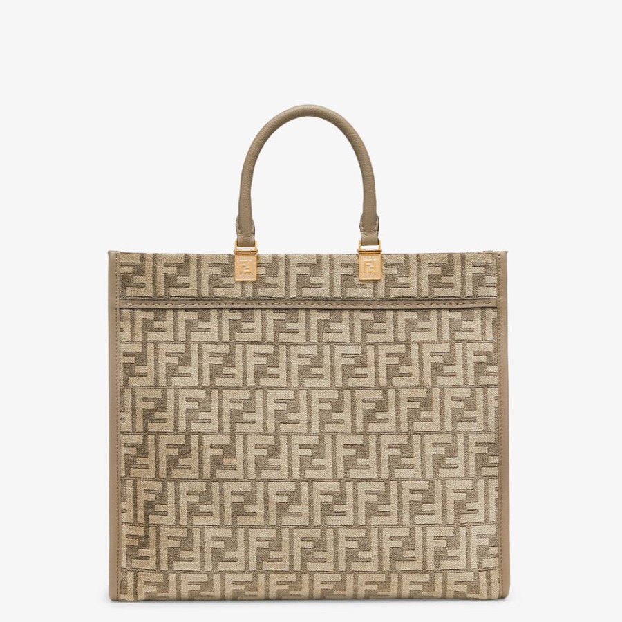 Donna Fendi Borse Tote | Shopper In Tessuto Tapestry Tortora Con Motivo Ff