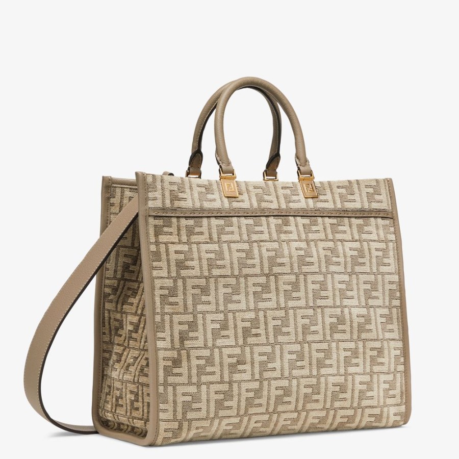 Donna Fendi Borse Tote | Shopper In Tessuto Tapestry Tortora Con Motivo Ff