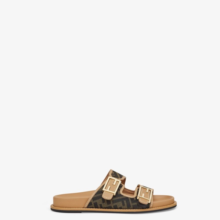 Donna Fendi Slides E Sandali | Slide In Tessuto Ff Marrone