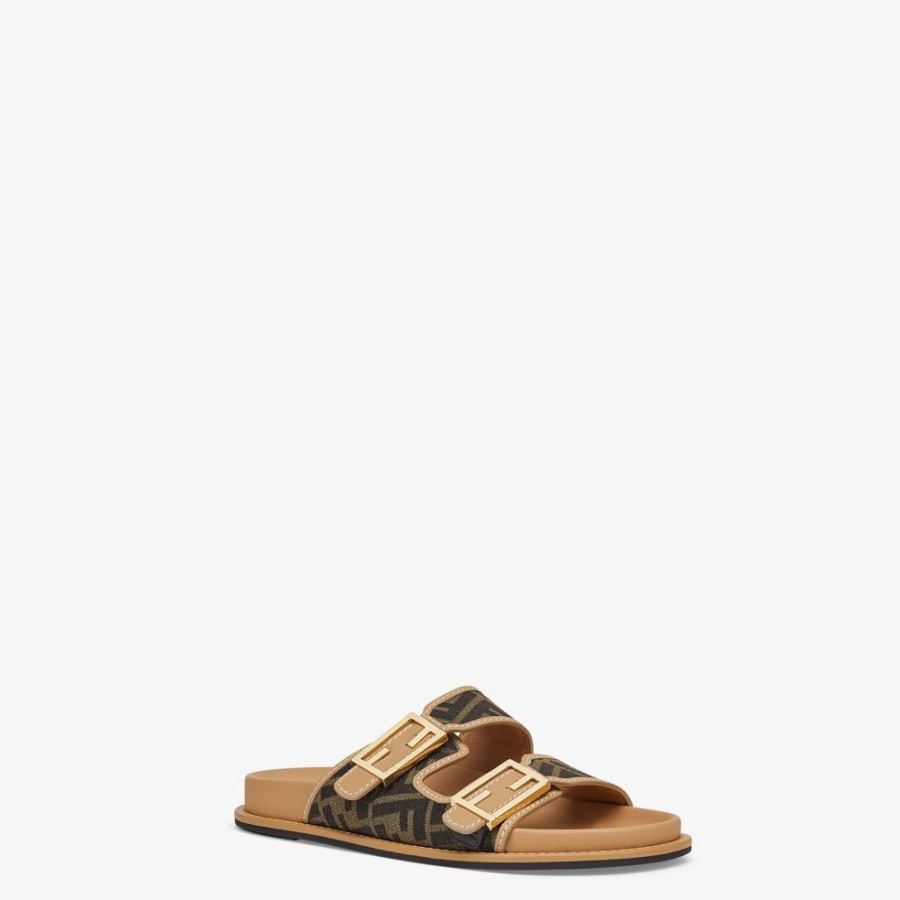 Donna Fendi Slides E Sandali | Slide In Tessuto Ff Marrone