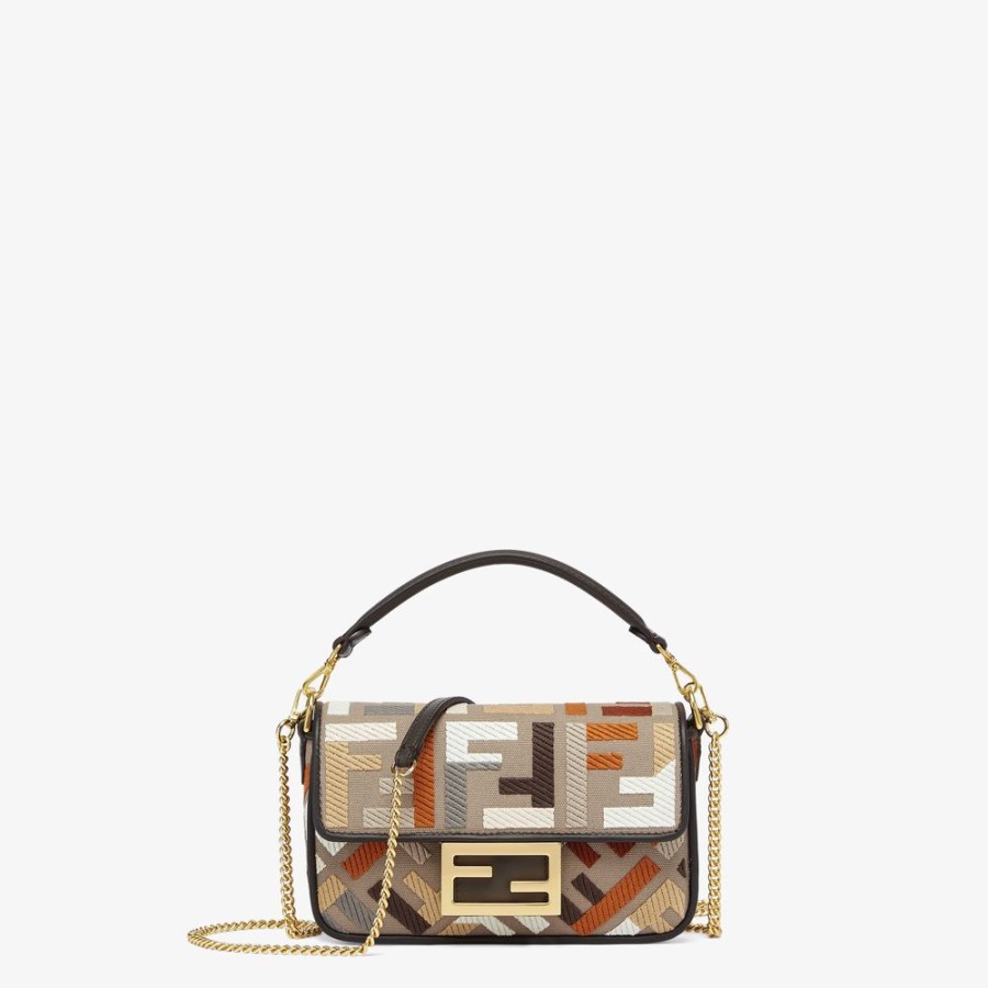 Donna Fendi Borse Mini | Borsa In Canvas Multicolor Con Ricamo Ff