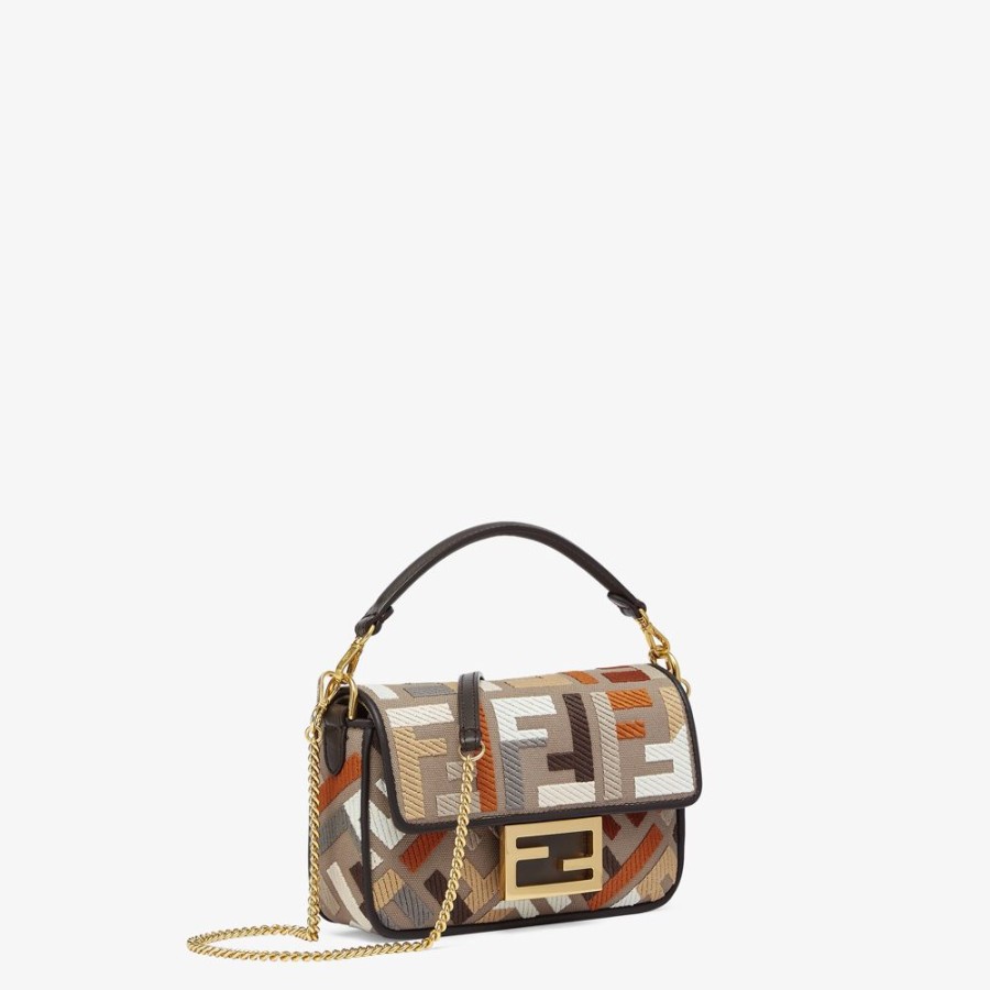 Donna Fendi Borse Mini | Borsa In Canvas Multicolor Con Ricamo Ff