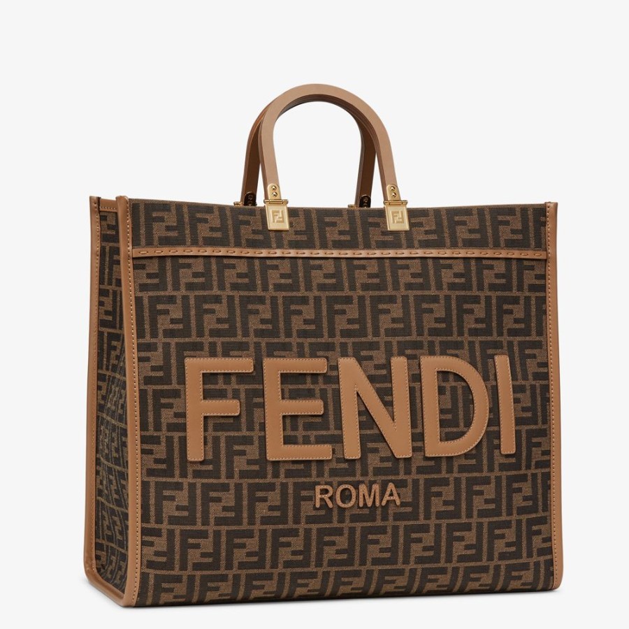 Donna Fendi Timeless | Shopper In Tessuto Jacquard Ff Marrone